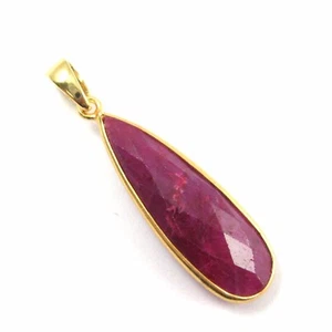 Ruby Dyed Bezel Gemstone with Bail- Gold Vermeil Elongated Teardrop -40mm - Picture 1 of 4
