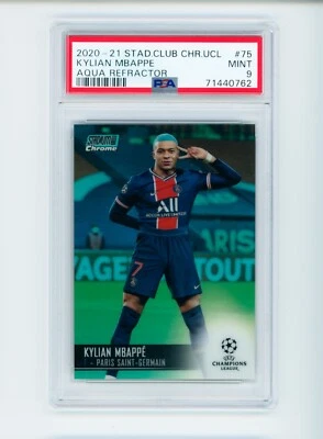 2020-21 Kylian Mbappe Topps Stadium Club Chrome Aqua Refractor PSG 41/199 PSA 9 - Image 1 of 3