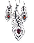 Natural Garnet Set Sterling Silver Necklace Earrings Feather Red Gemstone Boxed