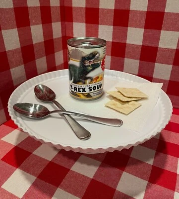 2 divertidas etiquetas de lata de sopa de dinosaurio T-Rex de regalo de mordaza - broma favorita de fiesta de cumpleaños niño Foto 1 de 3