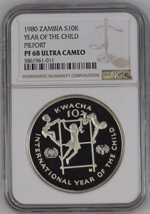 1980 Zambia 10 Kwacha Silver Proof Year of the Child - PIEFORT - NGC PF 68 UC - Picture 1 of 9