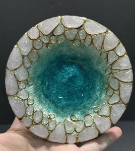 "Plato baratija vintage Limoges Art Glass Deco cobre esmalte azul aguamarina y dorado 4,5""" - Imagen 1 de 6