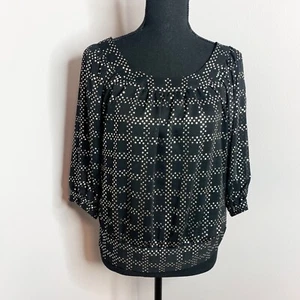 Guess Black & Metallic Gold Sheer Blouse Top Surplice V Shaped Open Back Medium - Picture 1 of 8