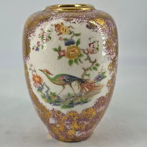 Vintage Hand Painted Porcelain heron stork waterbird floral vase signed Myrtle - Picture 1 of 4