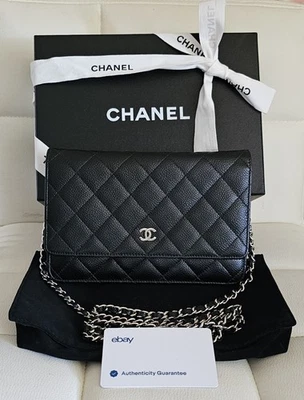 香奈儿鱼子酱绗缝钱包链式 WOC 黑色带盒和证书。 真实性 — 第 1/4 张图片