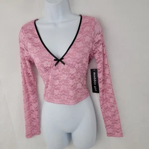 MADDEN GIRL Juniors GRANDE Top Corto Babydoll Encaje ROSA Coqueta Lazo Y2K Romántico - Imagen 1 de 11