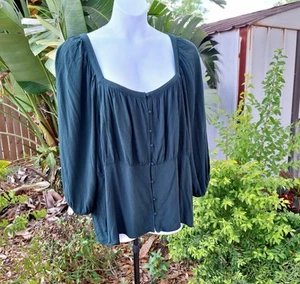 Old Navy Top SZ 4X Womens Square Neck Ruched Blouse Boho Peasant Green - Picture 1 of 11