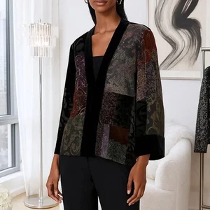 Chico's Damen Seide Viskose Patchwork halbtransparent gebrannter Samt Jacke Größe 1/M - Bild 1 von 16