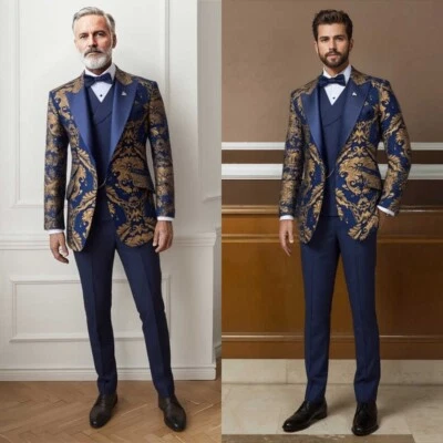 Navy Jacquard Floral Suits for Men Wedding Business Jacket Vest Pant 3 Pieces - Image 1 of 4