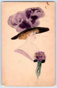 1910 BEAUTIFUL WOMAN HANDCOLORED HUGE PURPLE HAT HANDPAINTED? POSTCARD - Picture 1 of 2