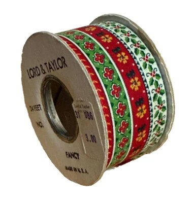Vintage Lord & Taylor Christmas Ribbon 24ft Fancy Red Green Floral USA Made NOS - Image 1 of 4
