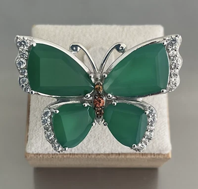 Gorgeous! Large Verde Onyx & Zircon Butterfly Ring 925 Sterling Silver Size 7 - Image 1 of 4
