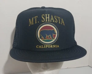 Berretto camionista Mt Shasta California vintage Nissin maglia snapback nero - Foto 1 di 9