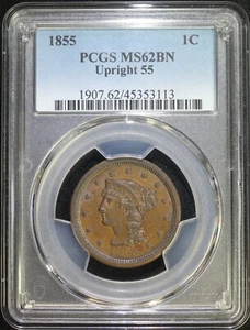 1855 1c Upright 55 Braided Hair Large Cent PCGS MS62 BN Brown - Picture 1 of 2