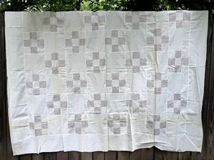 Vintage Nine-Patch Quilt Top White Tiny Cherries 72" x 92" - Picture 1 of 8