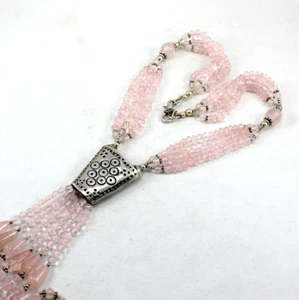 Necklace Natural Rose Quartz Gemstone 925 Sterling Silver Handmade Beads Jewelry - Picture 1 of 9