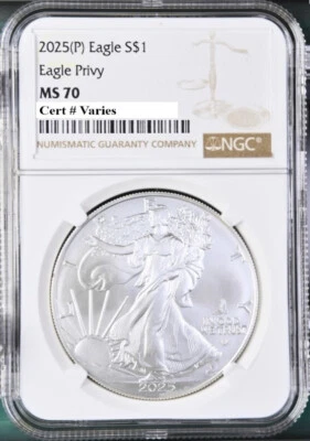 2025 p silver eagle with eagle privy ngc ms70 brown label   in hand - Image 1 of 4