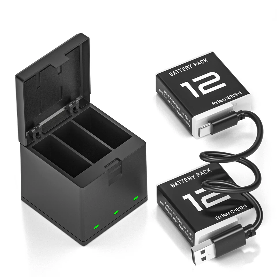 2Pack Battery For GoPro Hero 12 Black with 3 Channel Battery Charging Station