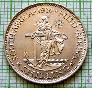 SOUTH AFRICA George V 1932 1 SHILLING FEMALE FIGURE WITH ANCHOR SILVER UNC - Picture 1 of 6