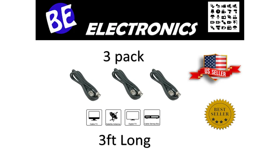 3x 3ft RG59 BNC Male to Male CCTV Camera Coaxial Connector Cable Adapter Lead - Image 1 of 1