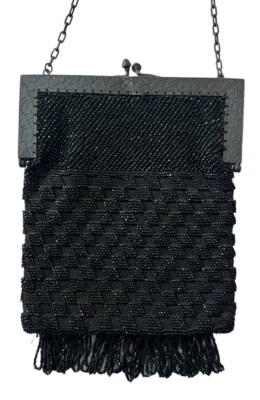 Victorian Evening Bag Black Beaded Metal Frame Check Flapper Small Shoulderbag - Image 1 of 4