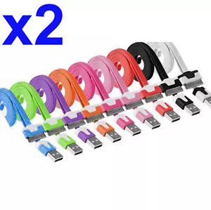 2x 3ft Flat Noodle 30 Pin Sync Cable Charger Cord Data for iPhone 4 4S 3GS iPod - Picture 1 of 10