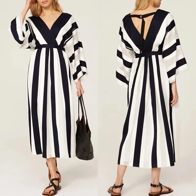 Vestido Colectivo ADAM LIPPES Mujer 0 Azul Marino Rayas Kimono Manga Doble Bolsillos en V Foto 1 de 4