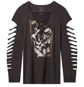 BNWT TORRID PLUS SIZE 3(22/24) ROSE GRAPHIC SLASHED LONG SLEEVE CHARCOAL T-SHIRT - Picture 1 of 12