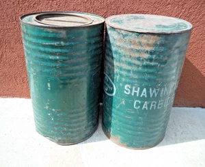2 VTG SHAWINIGAN~EMPTY~METAL DRUMS~MINERS~GREEN~LIDS 20X12.5~INDUSTRIAL DECOR - Picture 1 of 24