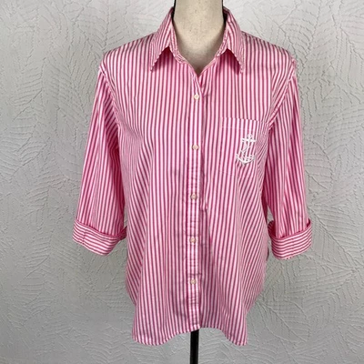 Camisa con botones Lauren Ralph Lauren para mujer XL rosa a rayas escudo logotipo gráfico Foto 1 de 4