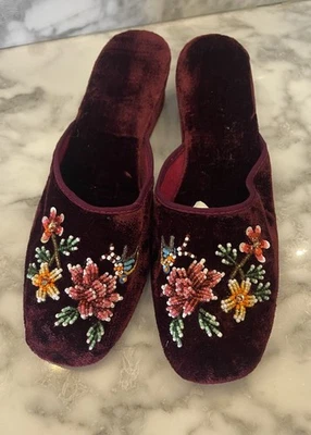 Vintage NOS Velvet Beaded Slippers Size 7 Burgundy Floral Embroidery  - Image 1 of 4