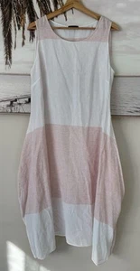 Vestido midi OSKA rosa y blanco de lino línea A bolsillos Lagenlook talla 2 AU 10-12 - Imagen 1 de 5