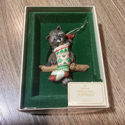 1982 Hallmark Keepsake Ornament Raccoon Surprises Christmas Stocking Figurine - Image 1 of 4