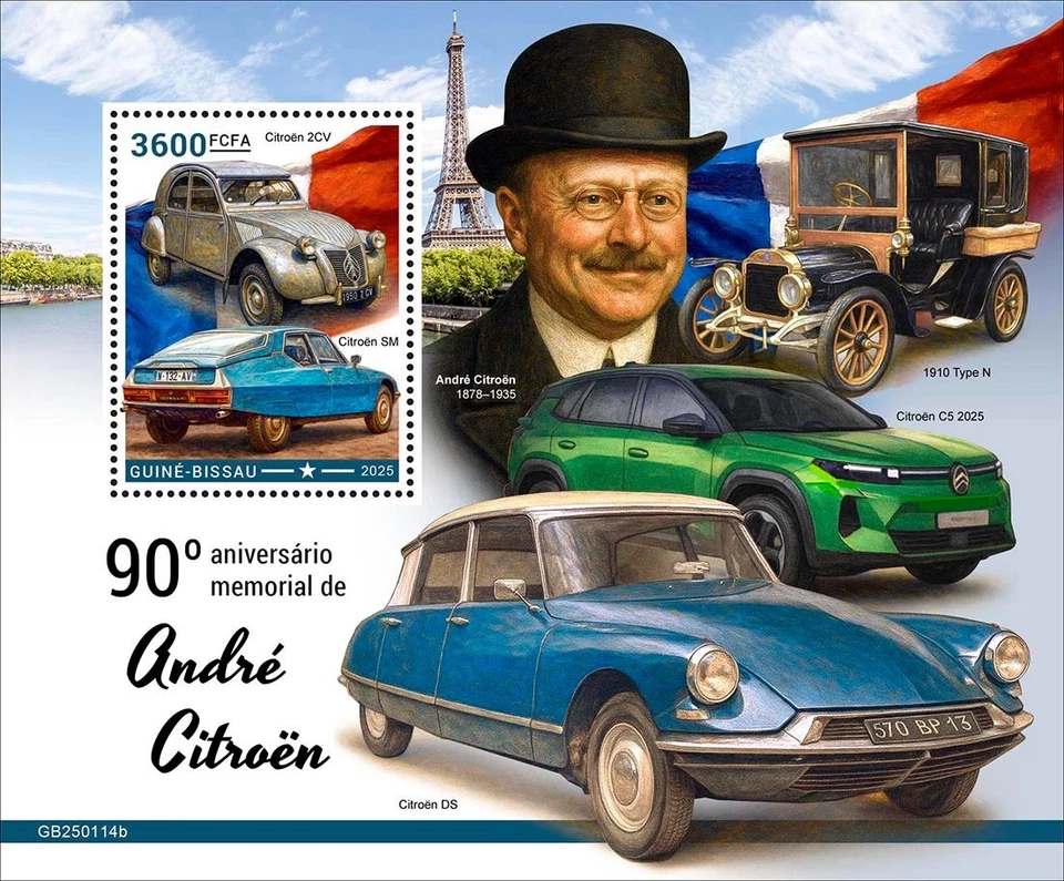 André Citroën 90th Memorial Anniversary Cars MNH Stamps 2025 Guinea-Bissau S/S - Image 1 of 1