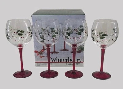Pfaltzgraff WINTERBERRY Wine Goblets Etched Holly Holiday Red Stem Glasses 4 NEW