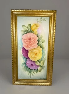 Hand Painted Floral on Porcelain Tile Signed J K Mercer Gold Frame 13.5 X 7.5 - Picture 1 of 10