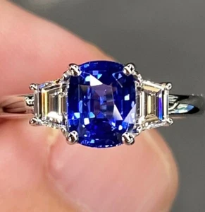 950 Platinum Blue Sapphire & Lab Grown Diamond Wedding Ring 2.00 Ct Cushion Cut - Picture 1 of 9