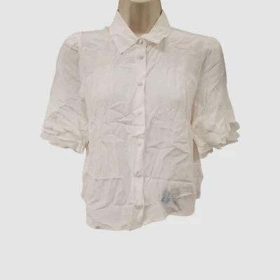 Blusa Camisa Top Para Mujer Blanca Manga Corta Volantes Cuello Seda Talla XS Foto 1 de 4