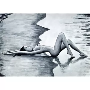 Quadro Nudo Spiaggia Arte Costiera Arte Originale Acquerello Dipinto - Foto 1 di 5