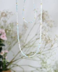 Blue Topaz & Rock Crystal 2-3MM 2 Multi Faceted Round Gemstone Bead Necklace 18" - Picture 1 of 12