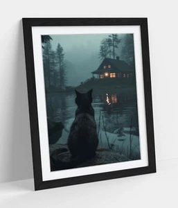 DARK CAT MYSTICAL ART -FRAMED WALL ART POSTER PAPER PRINT - Picture 1 of 10