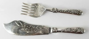 Antique Chinese Export Fine Sterling Silver Fish Serving Set Engraved Signed - Picture 1 of 12