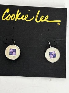 NWT Cookie Lee Drop Earrings Silvertone with purple crystals Pierced Wires D51 - Picture 1 of 3