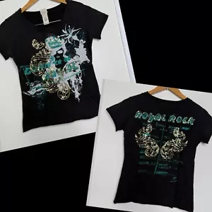 Vintage Y2K Diesel Blingy Royal Rock T-Shirt Größe Large schwarz gold türkis Distress - Bild 1 von 13