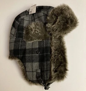 Apt. 9 Trapper Einheitsgröße grau kariert Wollmischung Ohrenklappen warm Winter gefüttert Mütze neu mit Etikett - Bild 1 von 4