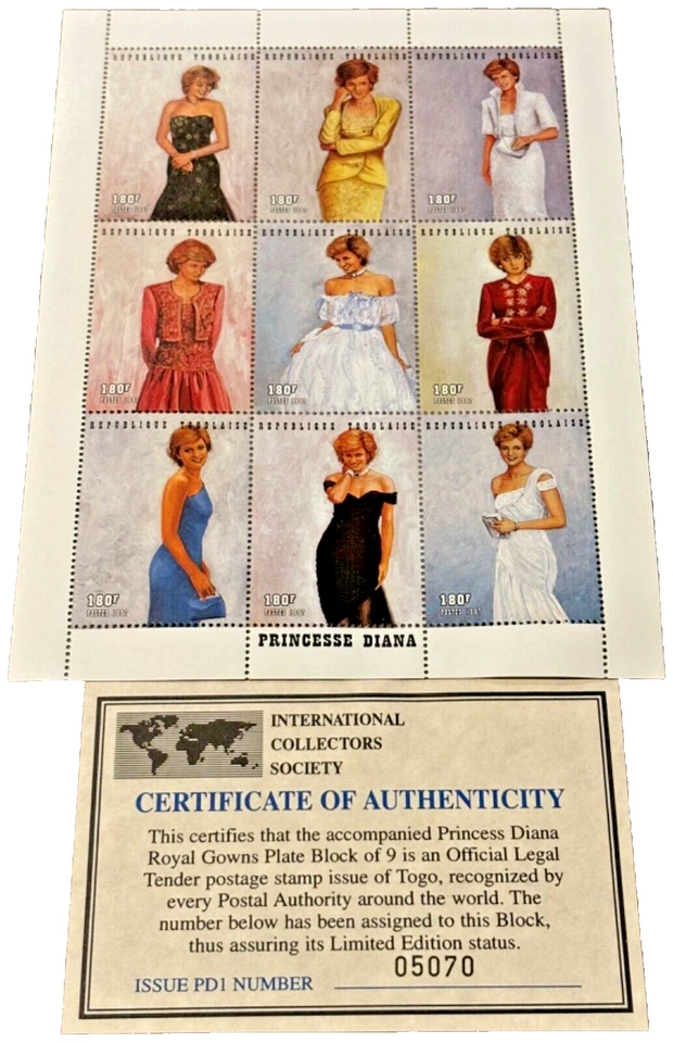 PRINCESA DIANA EN VESTIDOS REALES Raro 9 Estampillas Hoja de Recuerdo Rep. Togo 1997 con Certificado de Autenticidad Foto 1 de 1