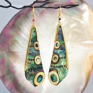 Dragonfly Wing Earrings Abalone Carving Gold Vermeil Sterling Silver Ruby 9.78 g - Picture 1 of 12