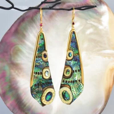 Dragonfly Wing Earrings Abalone Carving Gold Vermeil Sterling Silver Ruby 9.78 g - Image 1 of 4