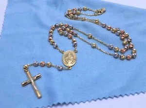 Unique 14K Tri Tone Multi Color Gold Bead Ball Rosary Cross Link Chain Necklace - Picture 1 of 19