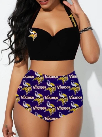 Minnesota Vikings Women's 2PCS Bikini Set Beach Halter High Waist Bathing Suit Cover
